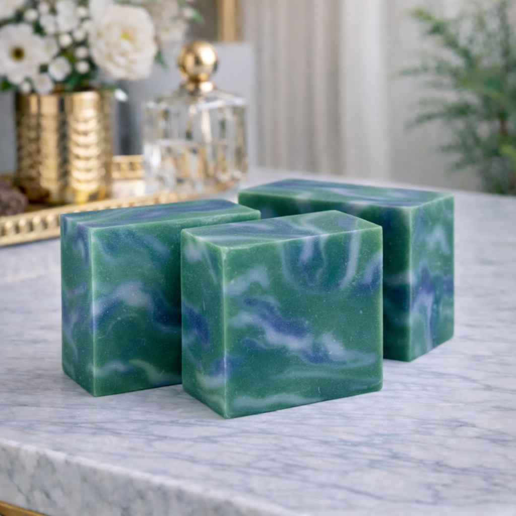 Three green and blue marbled soap bars on a marble surface with decorative items in the background.