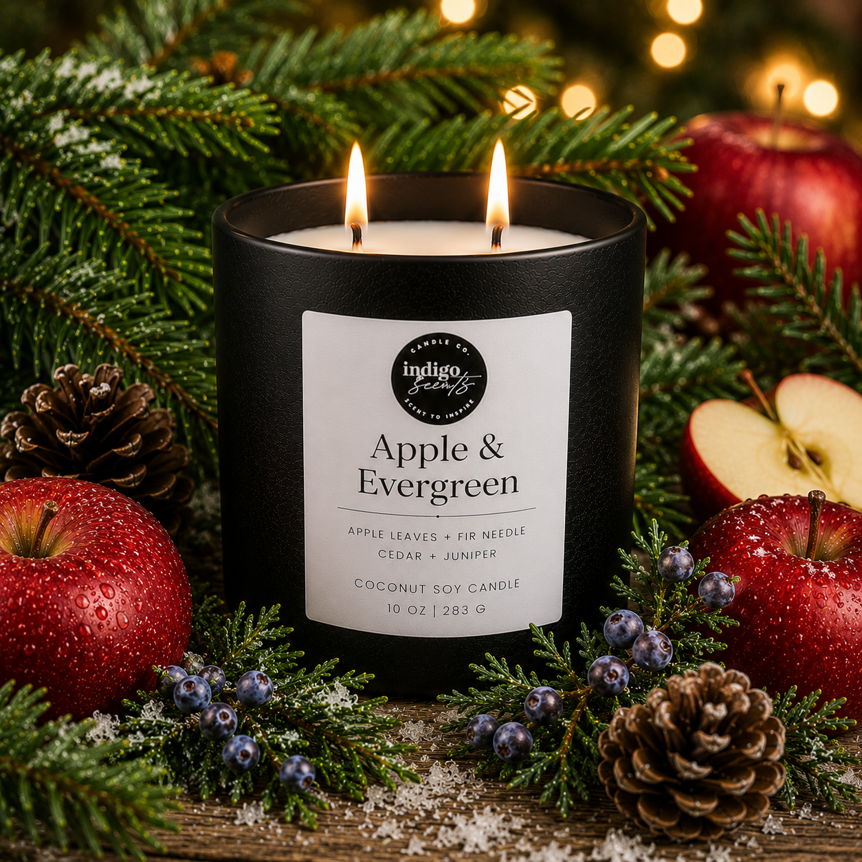 A matte black double-wick Apple & Evergreen candle by Indigo Scents surrounded by snow-dusted evergreen branches, red apples, juniper berries, and pinecones. This luxury coconut soy candle captures the fresh scent of crisp apples and evergreen forests during the fall and winter seasons.