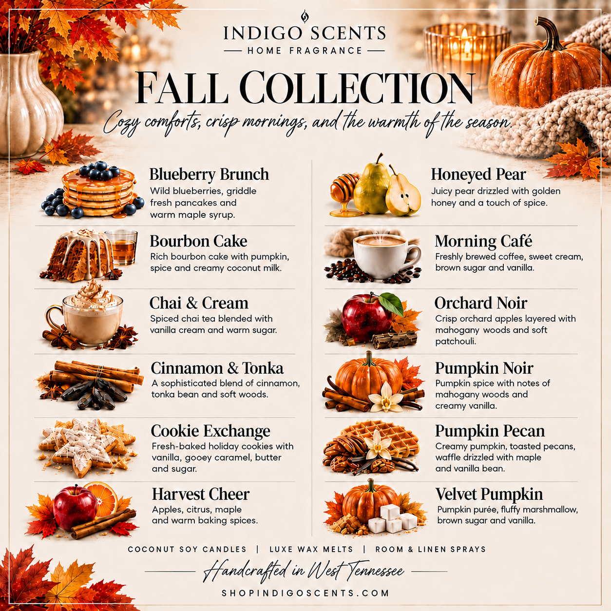 A promotional graphic for the Indigo Scents Fall Collection, featuring a grid of ten seasonal fragrance pairings with autumn-themed illustrations and photos. The collection includes Blueberry Brunch, Bourbon Cake, Chai & Cream, Cinnamon & Tonka, Cookie Exchange, Harvest Cheer, Honeyed Pear, Orchard Noir, Pumpkin Noir, and Pumpkin Pecan, with cozy fall elements like pancakes, coffee, tea, cider, and seasonal fruits and pumpkins.