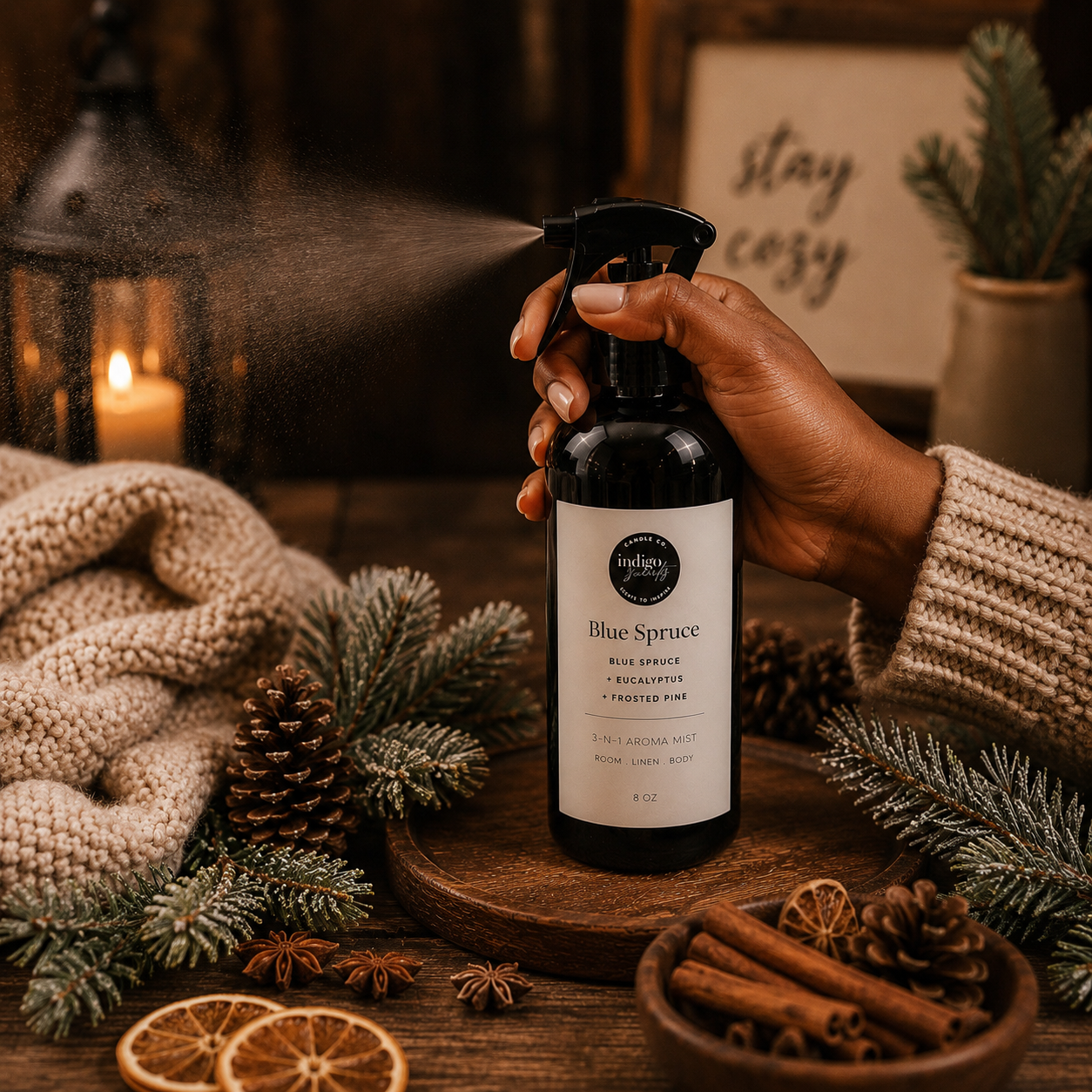 A hand holds a dark spray bottle labeled 'Blue Spruce' in a cozy rustic setting with pine branches, cinnamon sticks, a candle, and a knitted blanket.