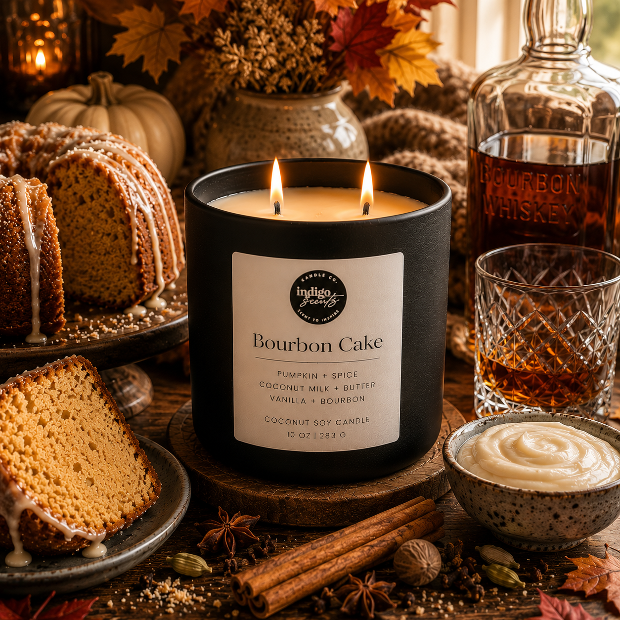 A lit scented candle in a matte black jar sits on a wooden coaster surrounded by autumn and fall-themed props, including a sliced pumpkin cake, a glass of amber liquor, a small bowl of cream, cinnamon sticks, star anise, and a bourbon whiskey bottle in the background. The candle label reads 'Indigo's Artisan' and 'Bourbon Cake'.