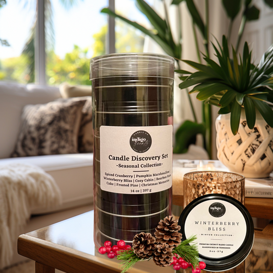 Luxury candle discovery set featuring 7 unique scents in a beautifully packaged gift box, perfect for exploring handcrafted fragrances.