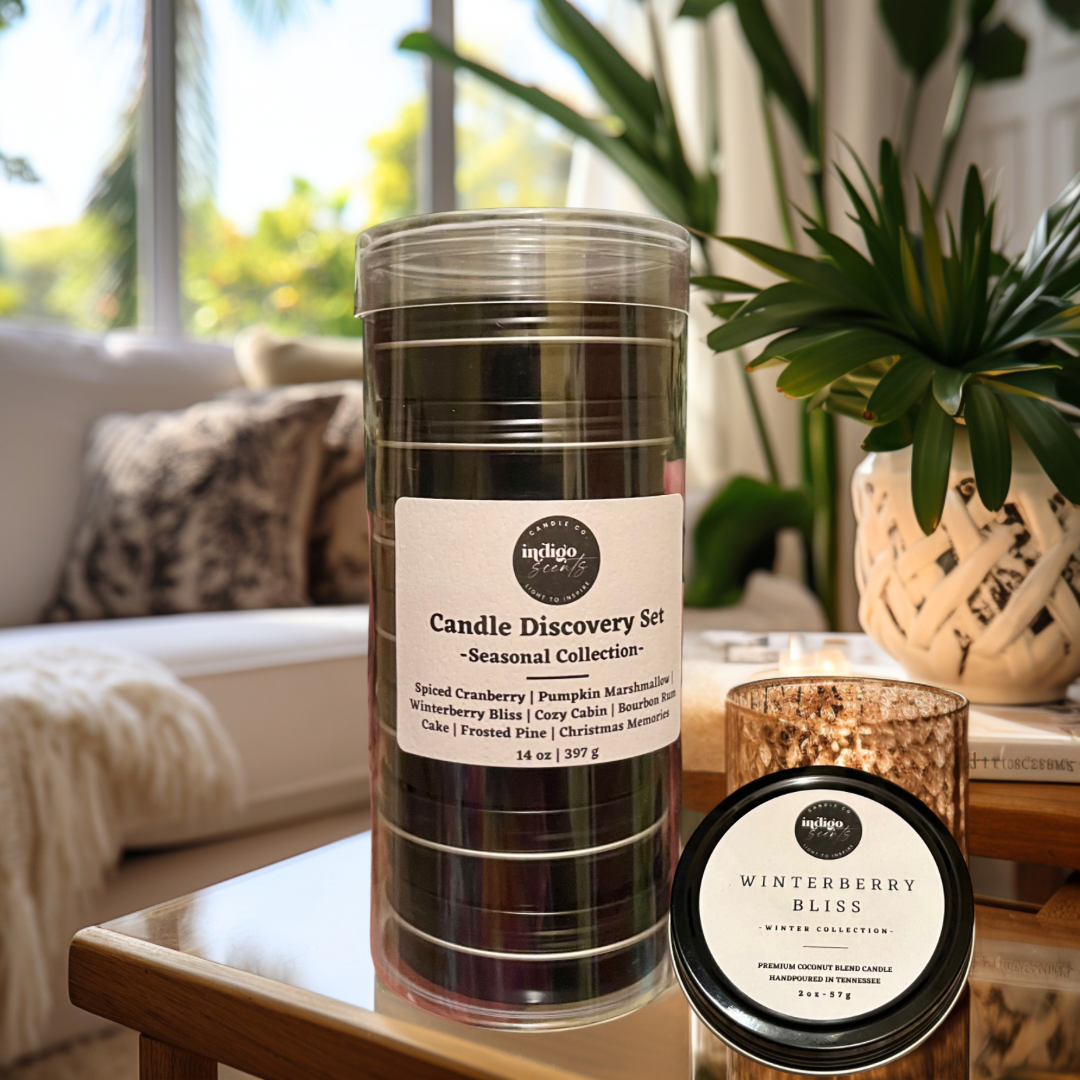 Luxury candle discovery set featuring 7 unique scents in a beautifully packaged gift box, perfect for exploring handcrafted fragrances.