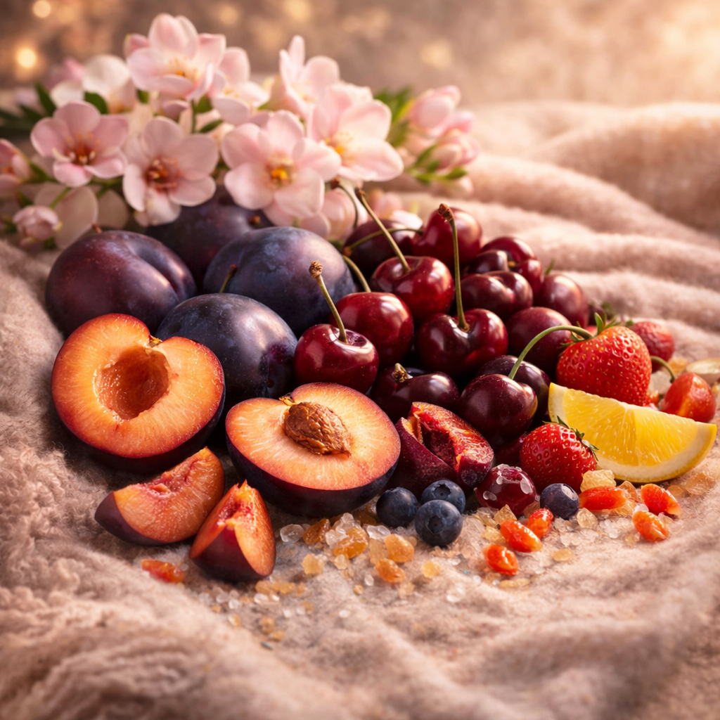 Assorted fruits including plums, cherries, and strawberries on a cashmere blanket with flowers in the background.