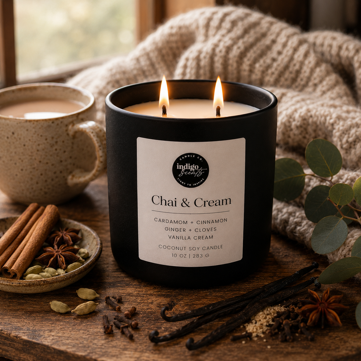 An Indigo Scents matte black candle labeled “Chai & Cream” sits beside a steaming mug of chai tea, cinnamon sticks, star anise, vanilla beans, and a soft knit blanket in warm morning light.