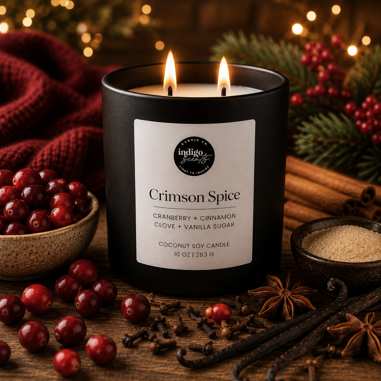 A matte black Indigo Scents candle labeled Crimson Spice sits on a rustic wooden table surrounded by fresh cranberries, cinnamon sticks, star anise, cloves, vanilla pods, and softly glowing holiday lights in the background.
