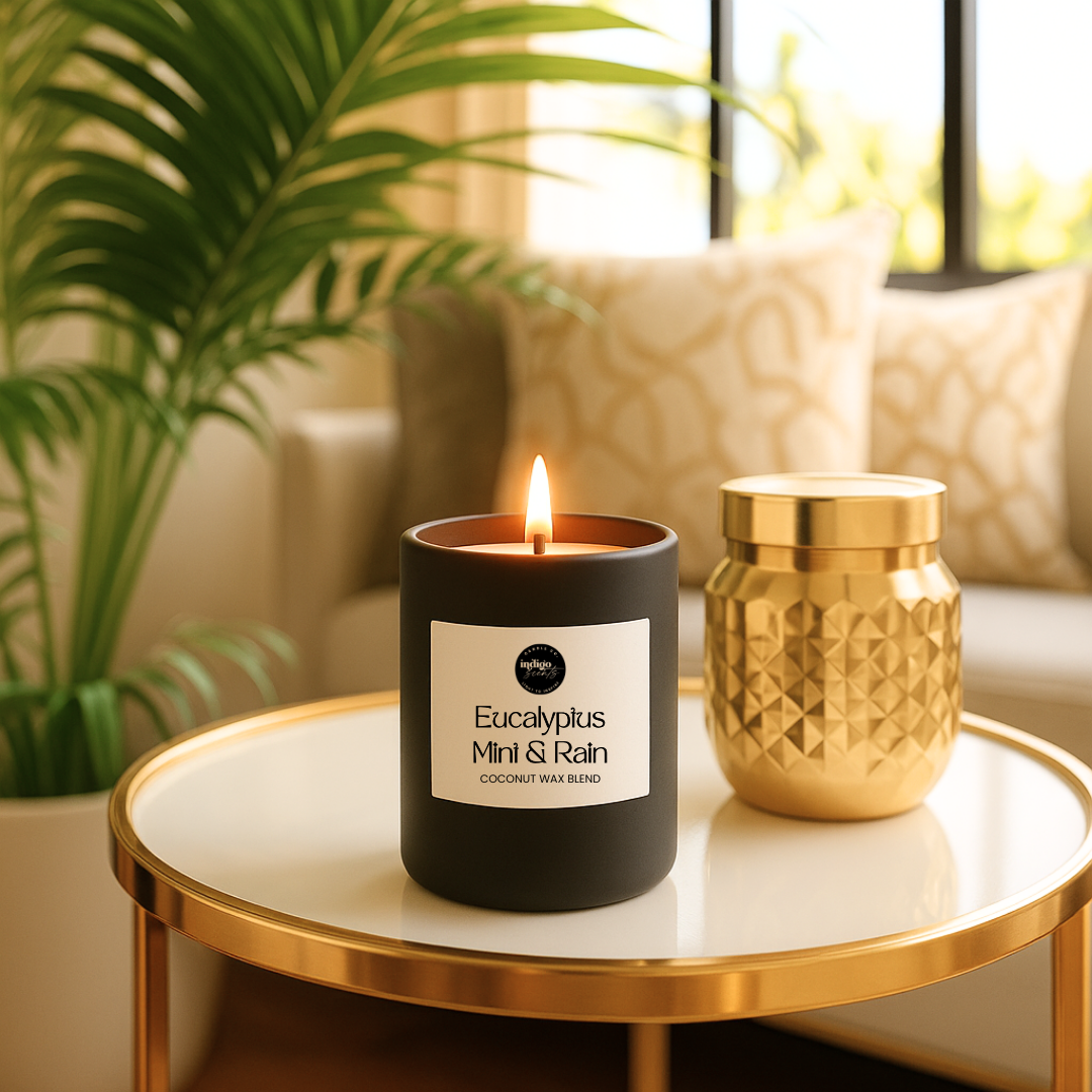 Eucalyptus Mint & Rain candle in a 7 oz petite matte black jar, clean-burning coconut soy candle with fresh mint, eucalyptus, and rain notes