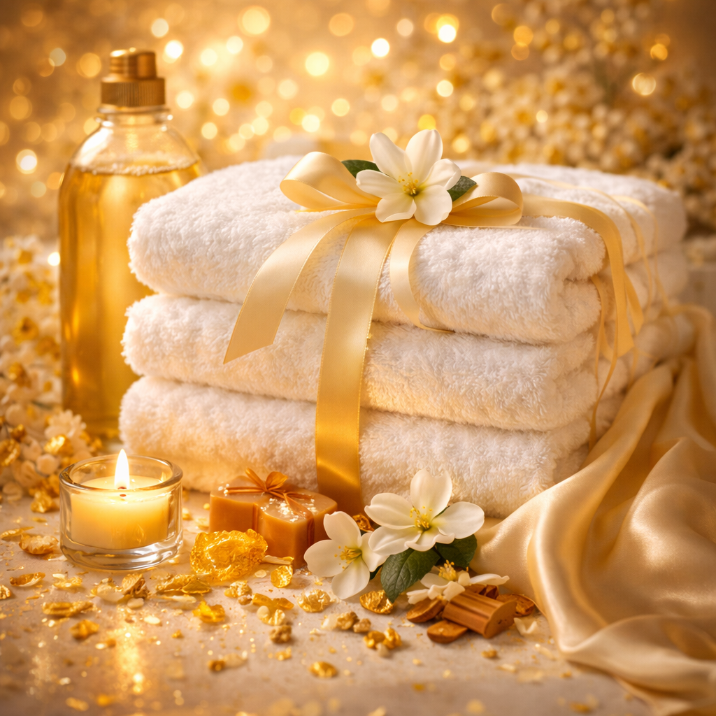 Stack of white towels with a gold bow, surrounded by candles, flowers, and a bottle of oil on a golden background.