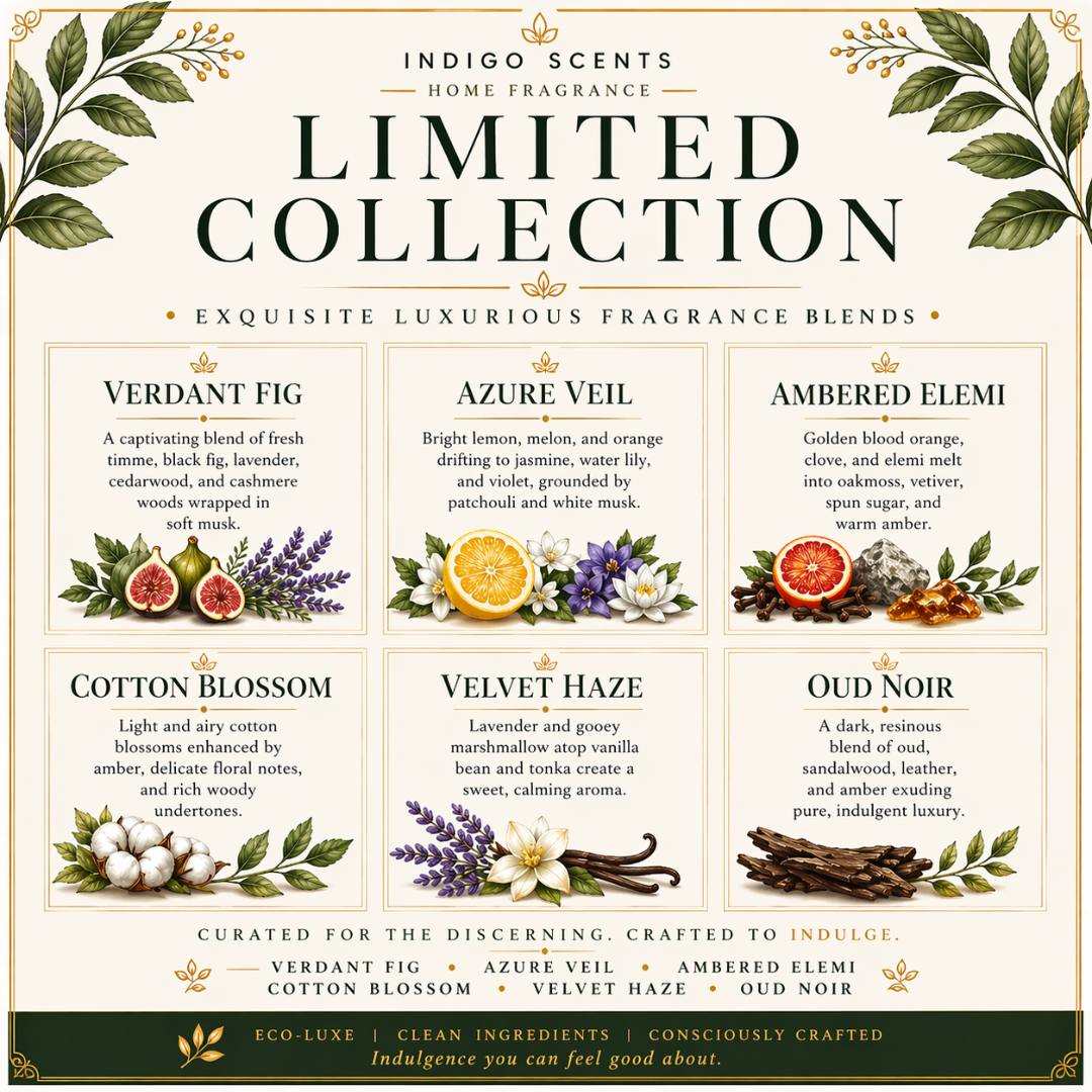 Indigo Scents home fragrance limited collection with various scents and their descriptions.