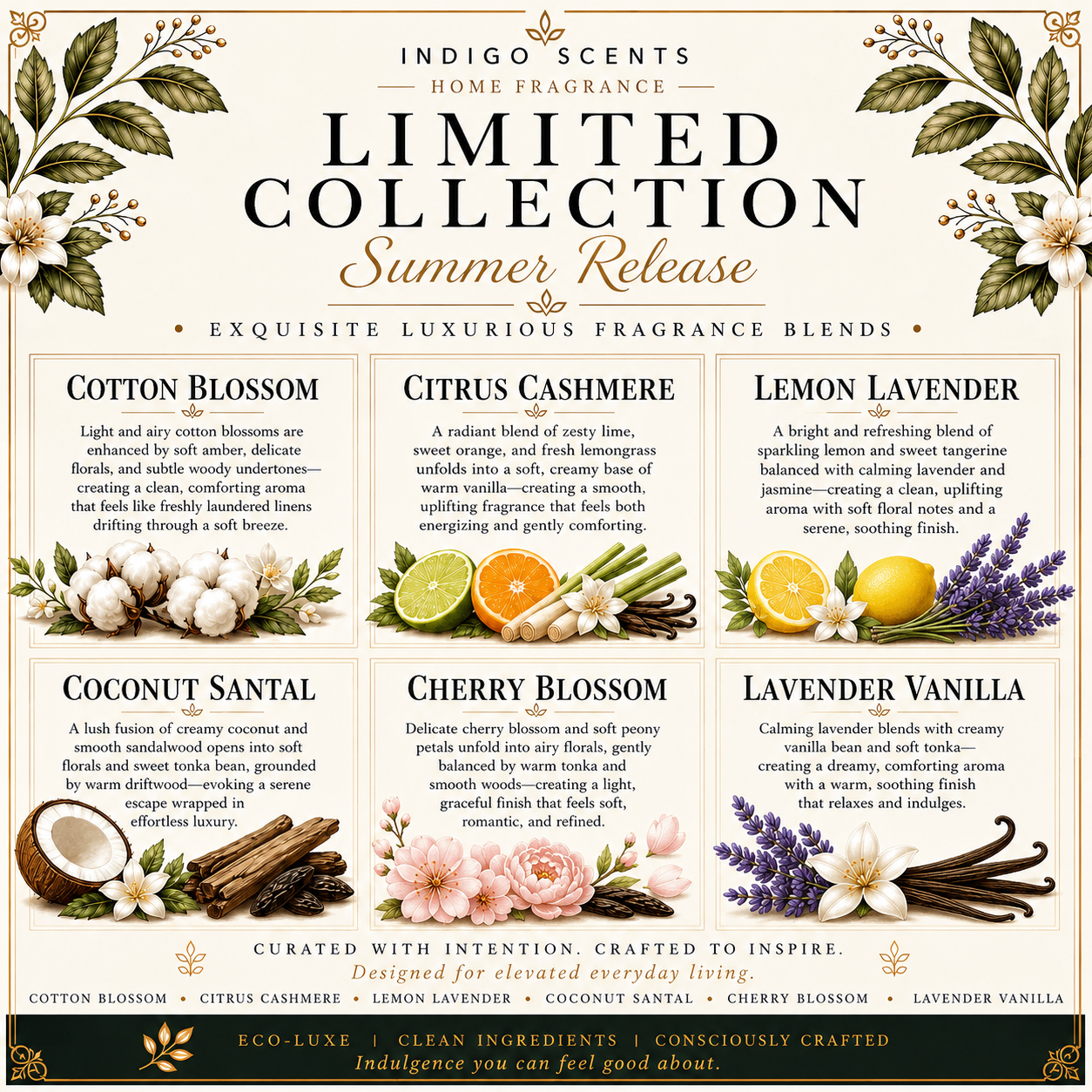 Elegant square scent guide showcasing Indigo Scents Summer Release with six curated fragrances including citrus, floral, and warm blends, presented with gold accents, botanical artwork, and detailed fragrance descriptions.