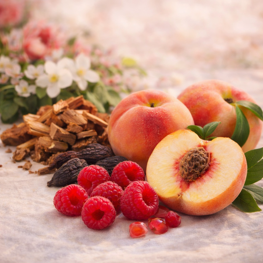 Peaches, raspberries, and dried herbs on a textured surface with flowers in the background