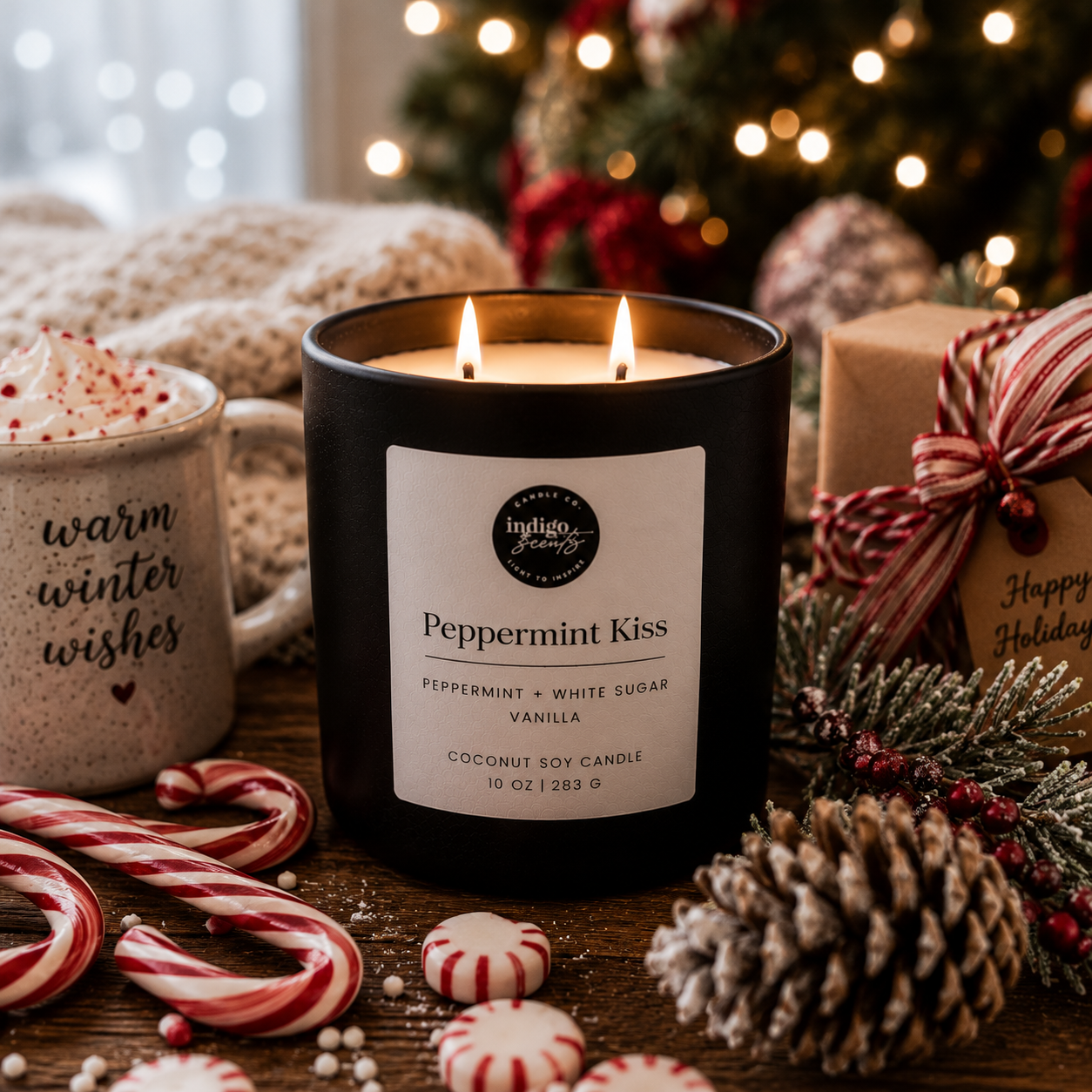 An Indigo Scents matte black candle labeled “Peppermint Kiss” sits beside candy canes, wrapped gifts, peppermint candies, and twinkling Christmas lights on a snowy winter evening.