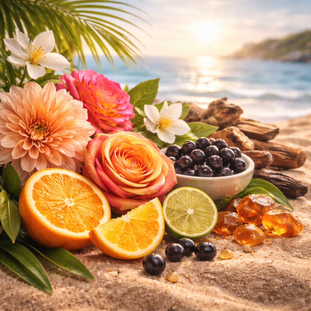 Fruits, flowers, and amber on a sandy beach with ocean and sunset in the background