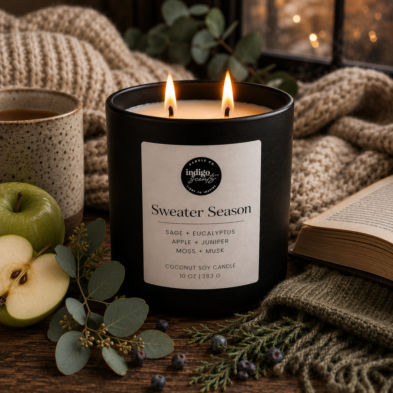 An Indigo Scents matte black candle labeled “Sweater Season” sits beside a chunky knit blanket, eucalyptus stems, an open book, and a steaming cup of tea in soft autumn light.
