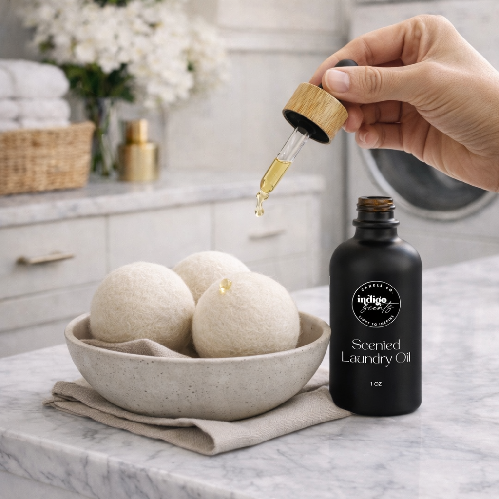 Hand adding drops of Indigo Scents scented laundry oil to wool dryer balls to naturally fragrance laundry and reduce drying time.