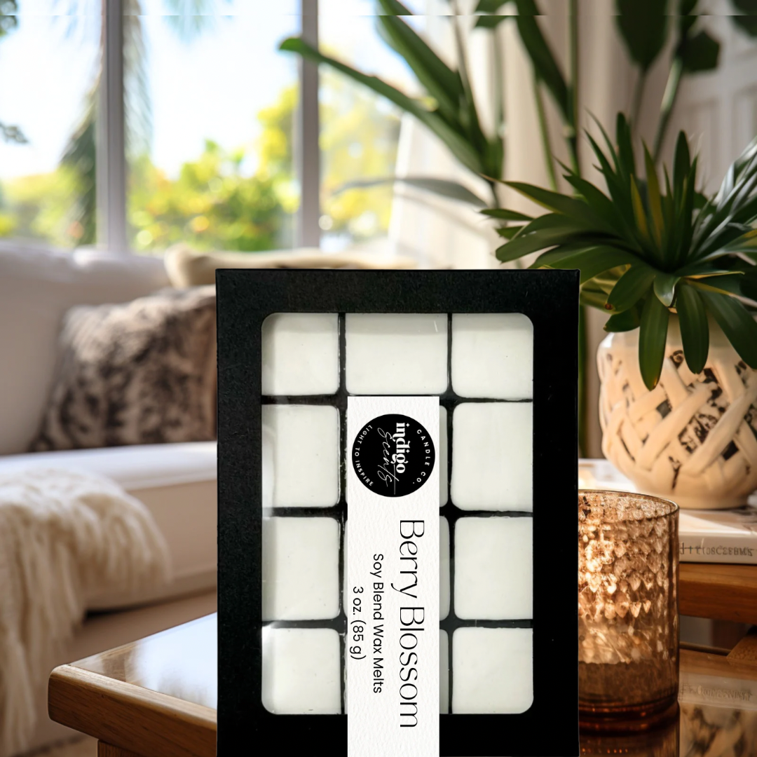 Indigo Scents Berry Blossom Wax Melts with notes of mixed berries and apple boosted by juicy tangerine. Champagne toast type fragrance