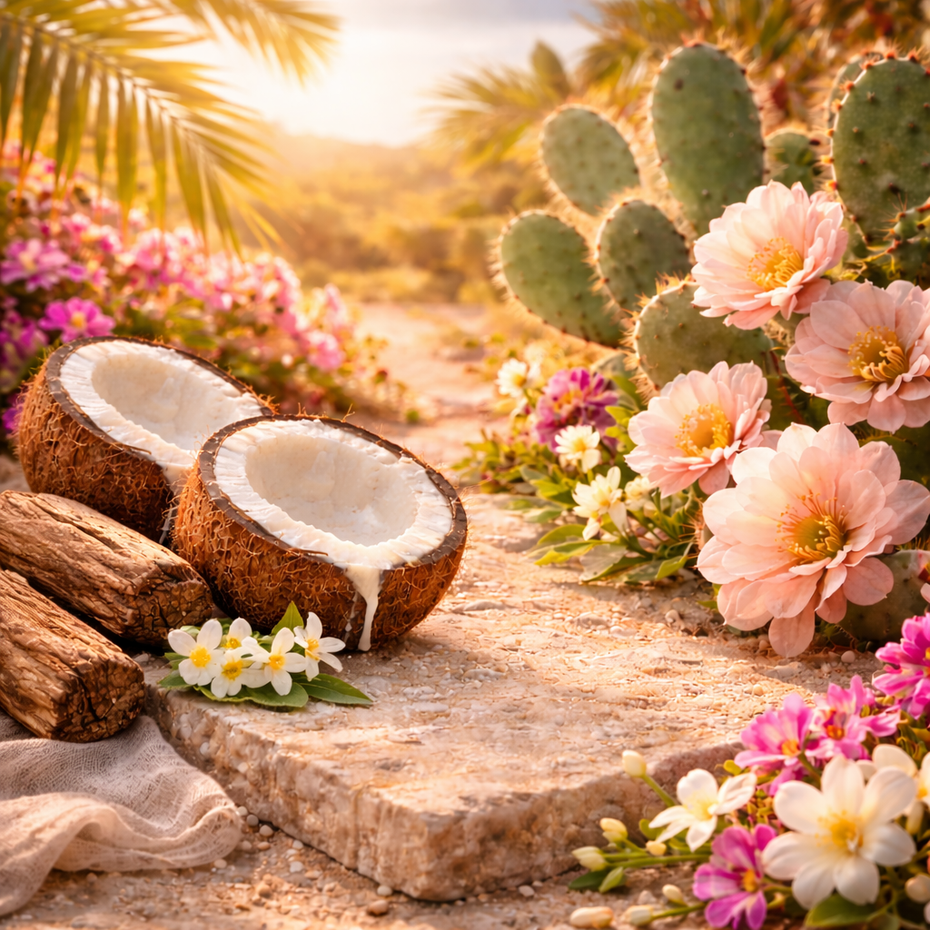 Coconuts on a stone surface with flowers and cacti in a natural setting
