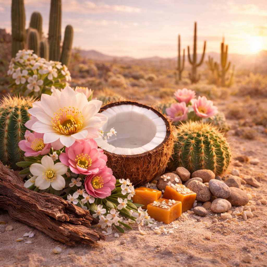 Coconut, cacti, and flowers in a desert setting with a sunset.