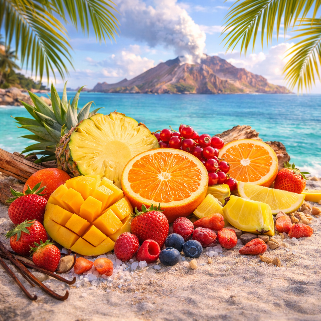 Assorted tropical fruits on a beach with a mountain and ocean view.