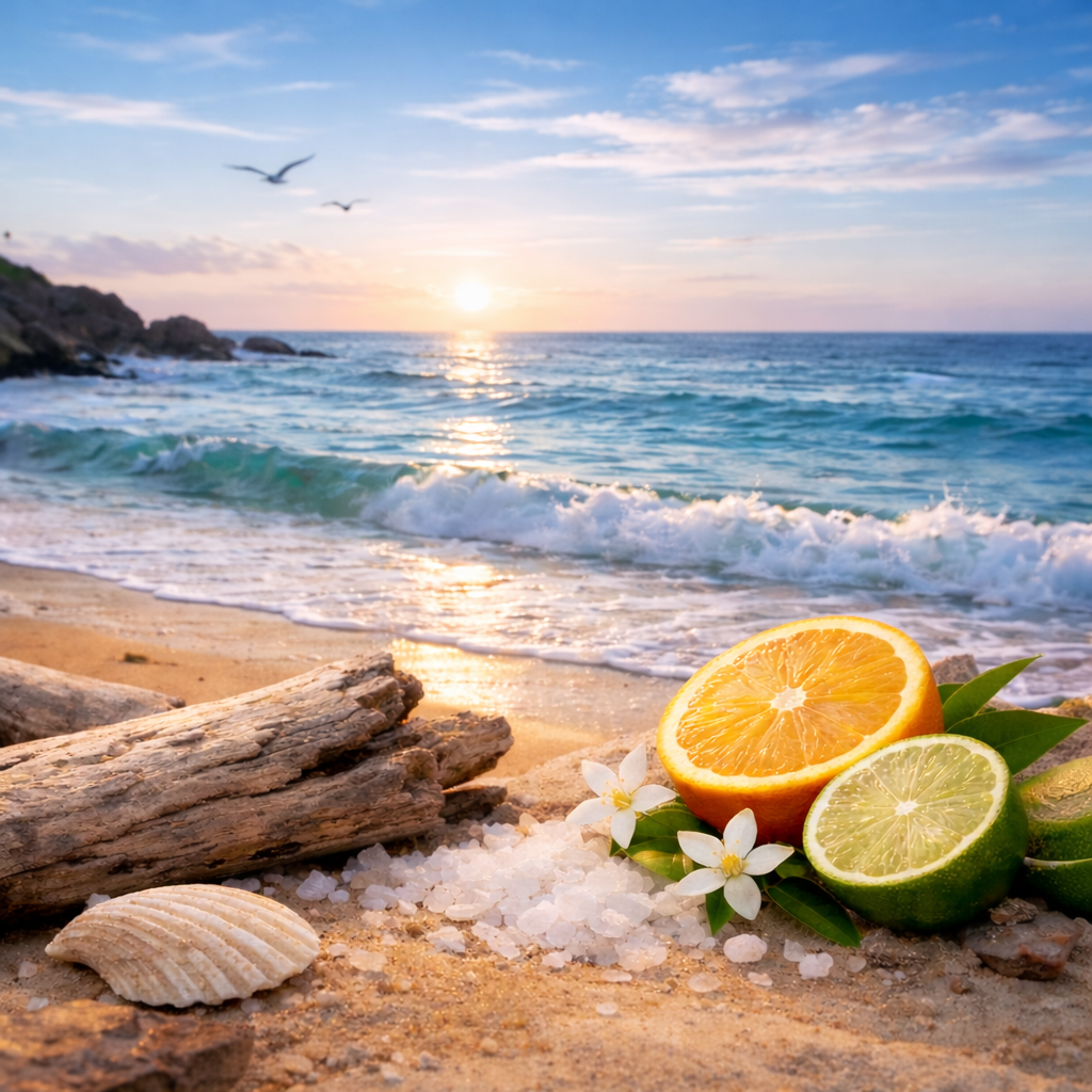 Oranges, limes, and flowers on a beach with ocean and sunset in the background