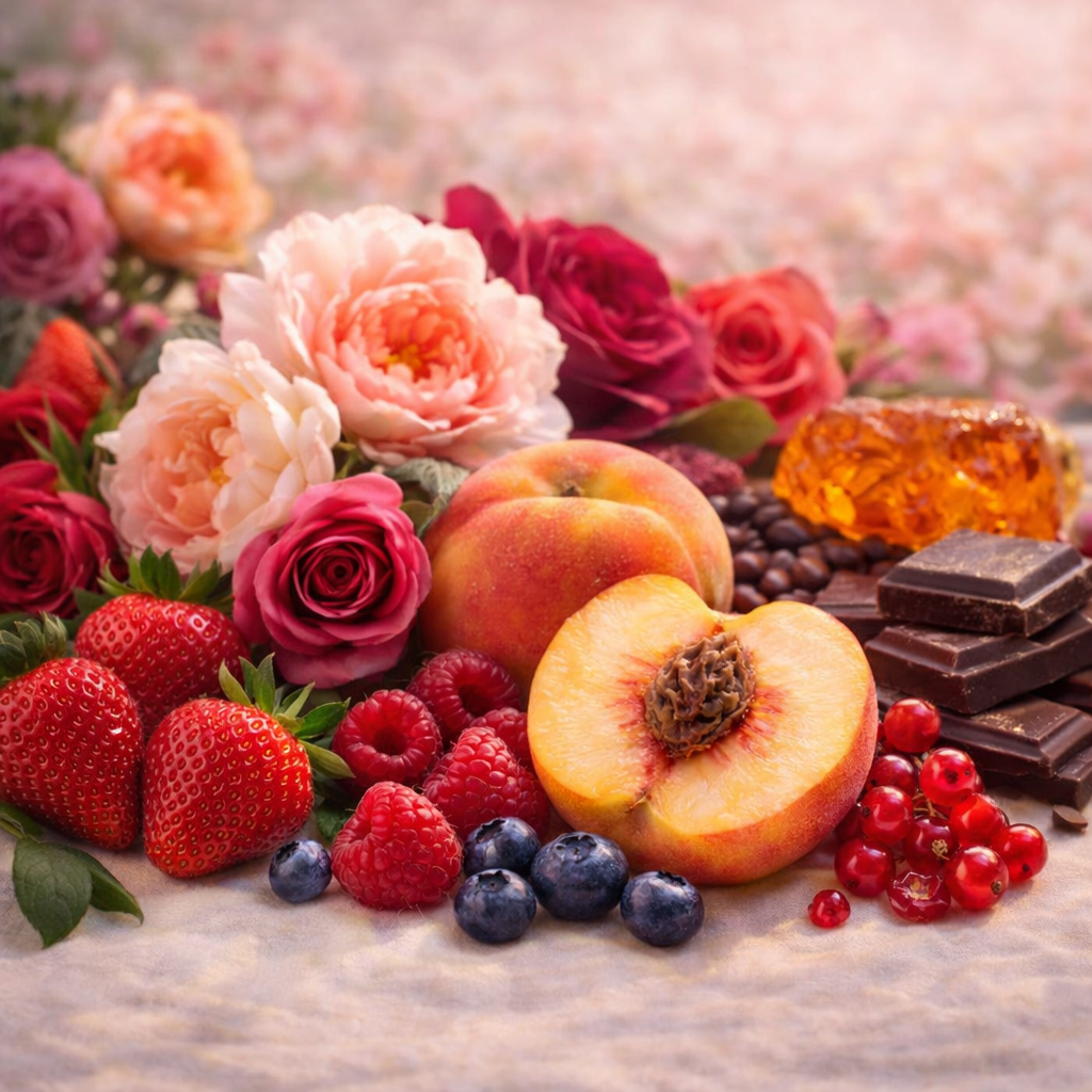 Assorted fruits, flowers, chocolate, and honeycomb on a wooden surface with a blurred floral background.