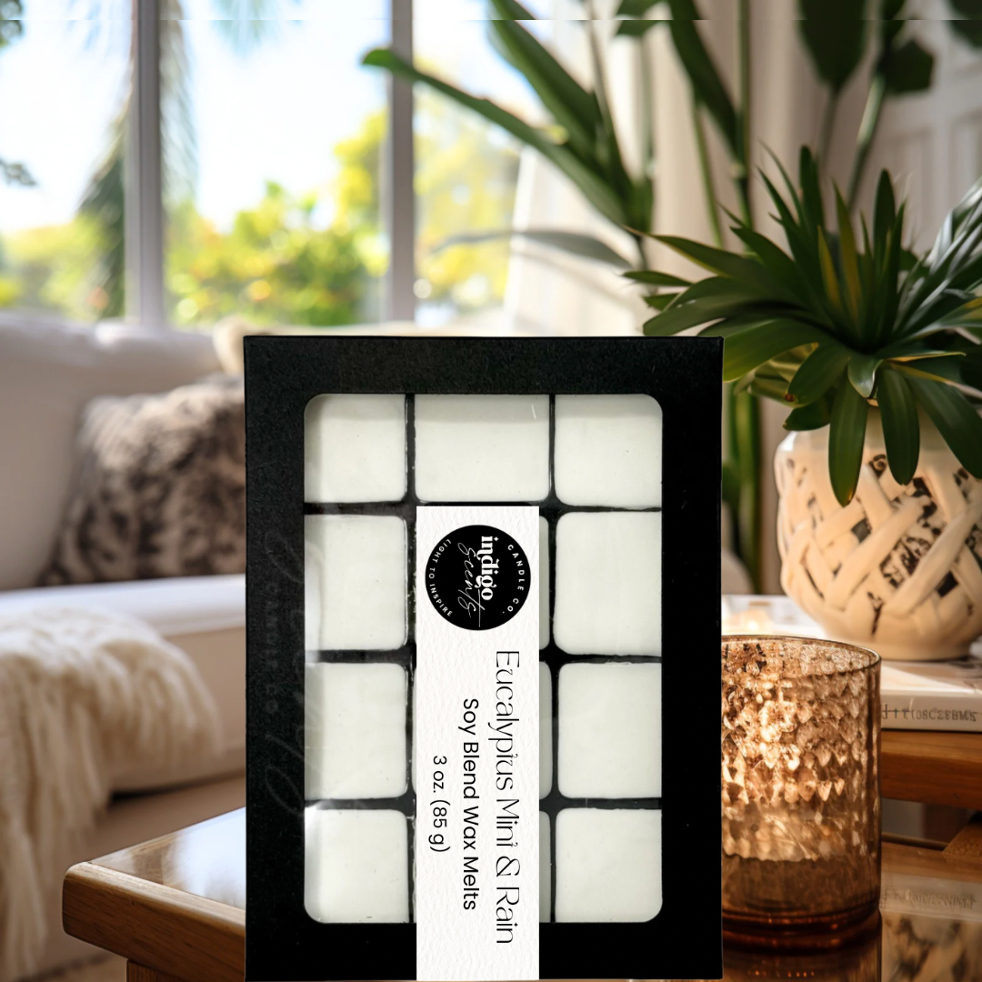Indigo Scents eucalyptus mint and rain aromatherapy soy wax melts.