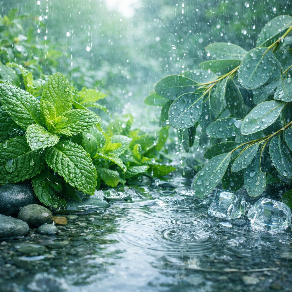 Raindrops on green leaves and water surface with stones