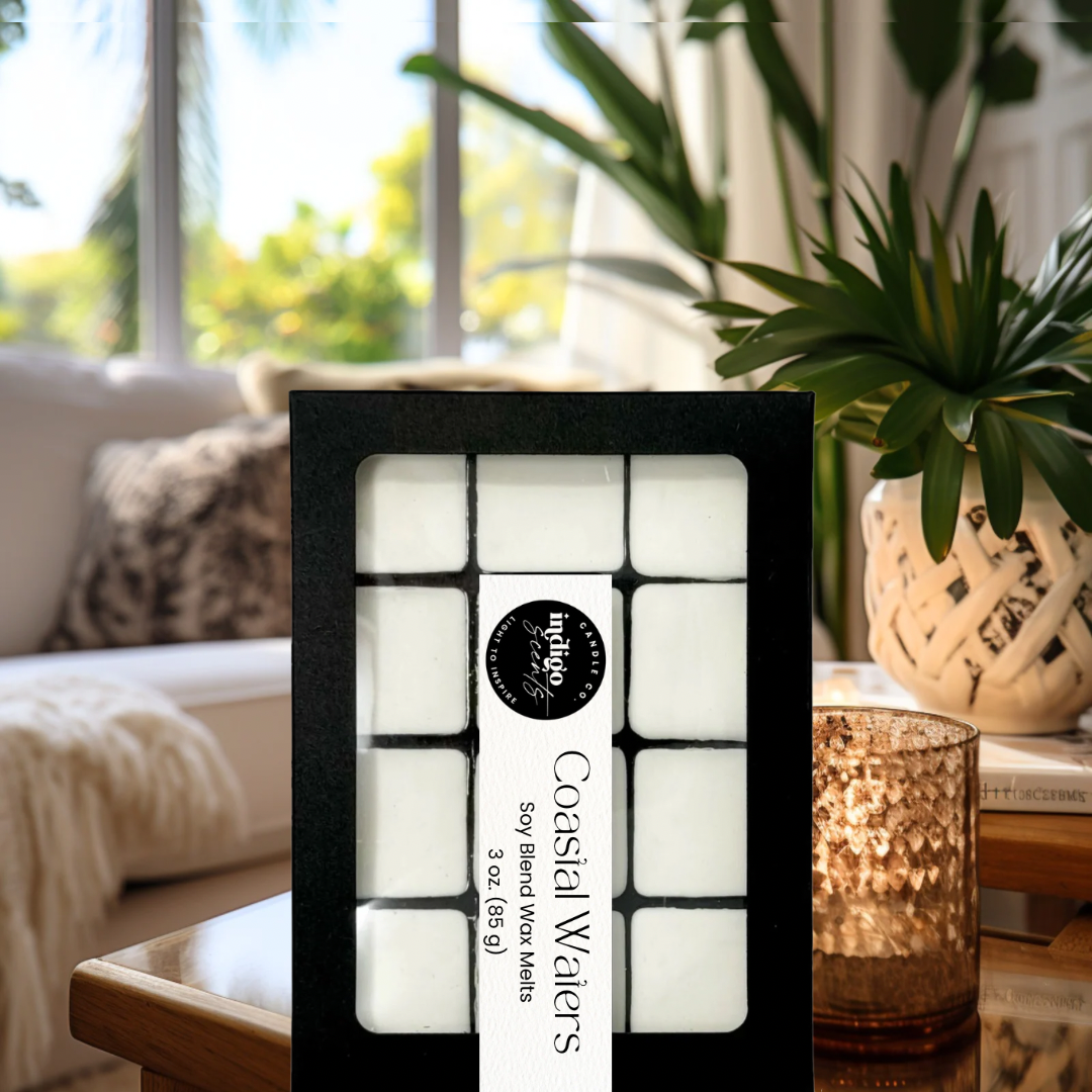 Indigo Scents Coastal Waters scented wax melts with notes of driftwood, citrus, and sea salt.