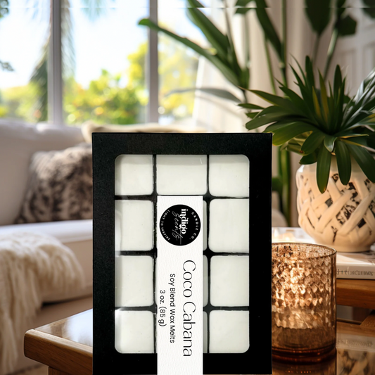 coco cabana scented wax melts with notes of coconut, citrus, driftwood, mahogany, amber, and tonka bean.