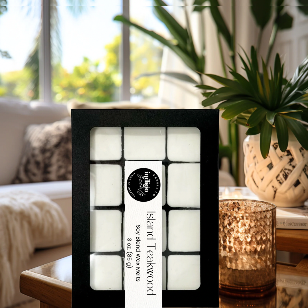 Indigo Scents Island teakwood wax melts. Teakwood & Tobacco scented wax melts.