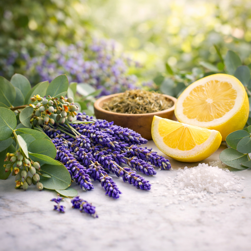 French lavender, sage, and lemon slices with lush greenery.