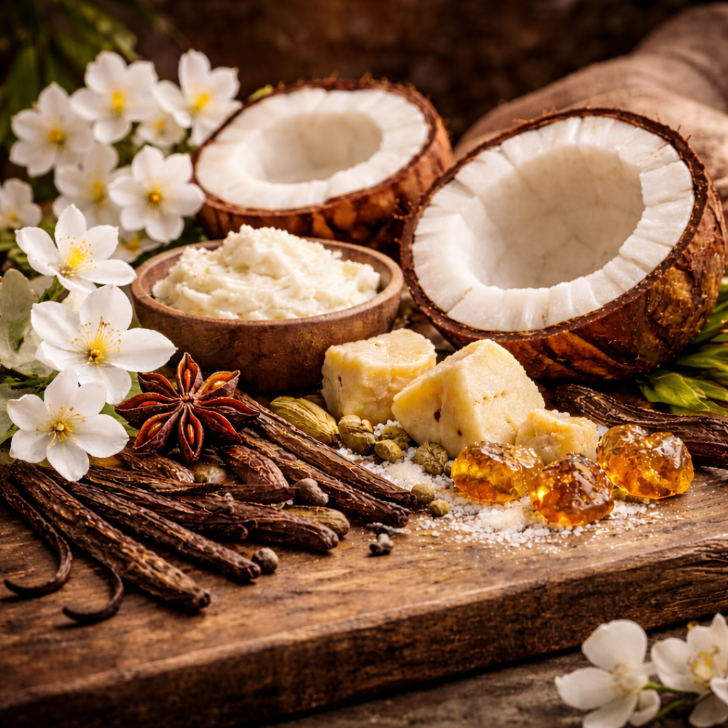 Coconuts, flowers, and spices on a wooden surface