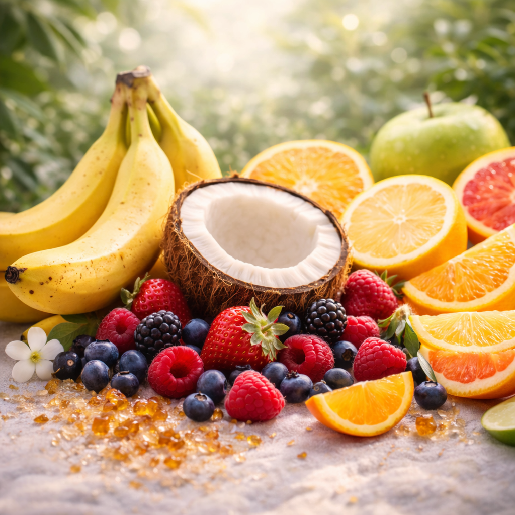 Assorted fruits including bananas, coconuts, oranges, and berries on a natural background.