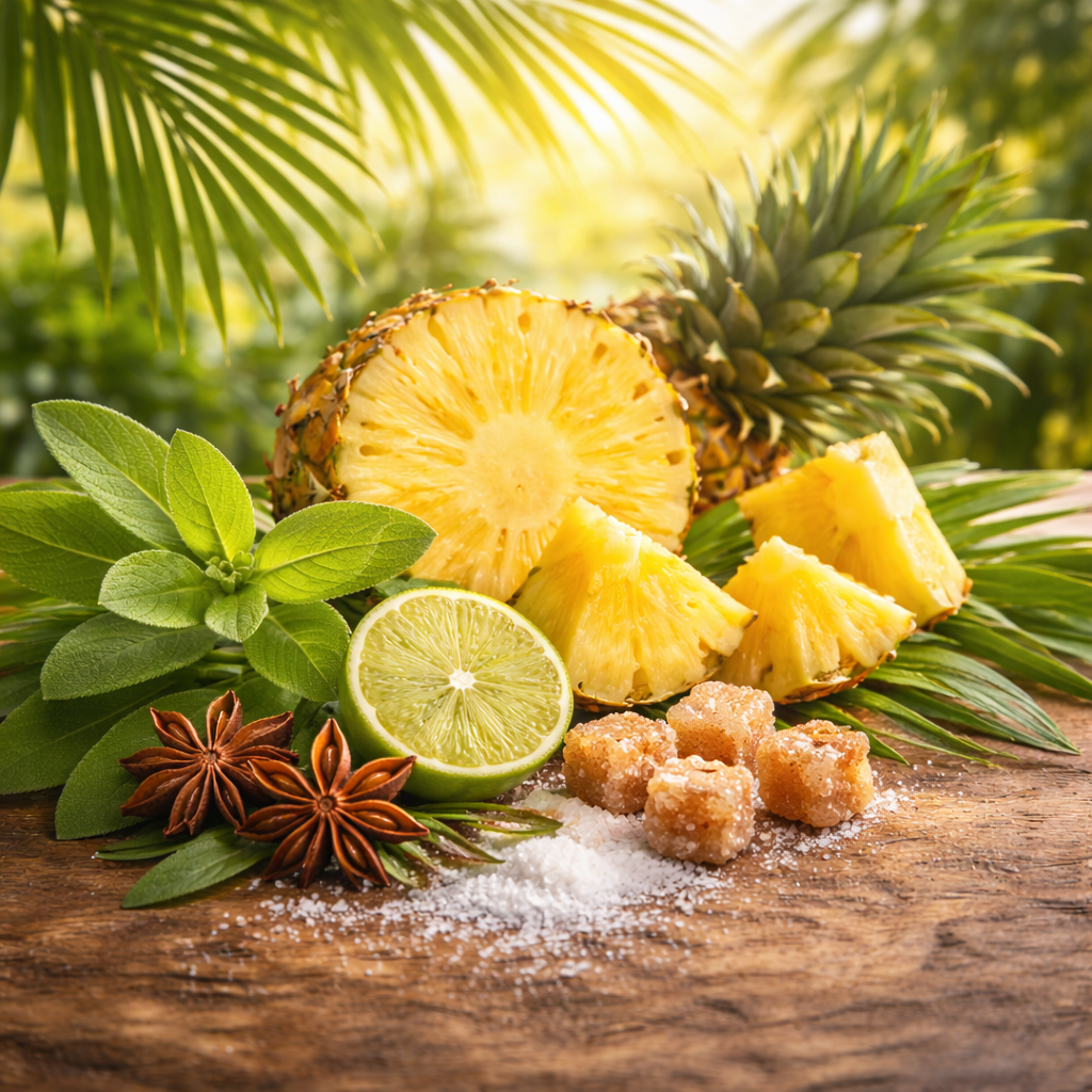 Pineapple slices on a wooden surface with lime, sugar cubes, and spices, surrounded by green leaves.