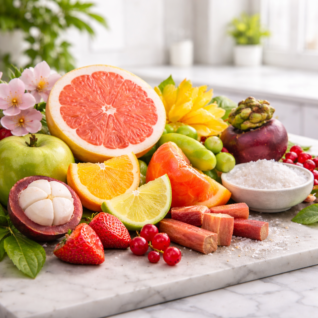 Pomelo, and assorted fruits and a bowl of salt on a marble surface with a blurred kitchen background