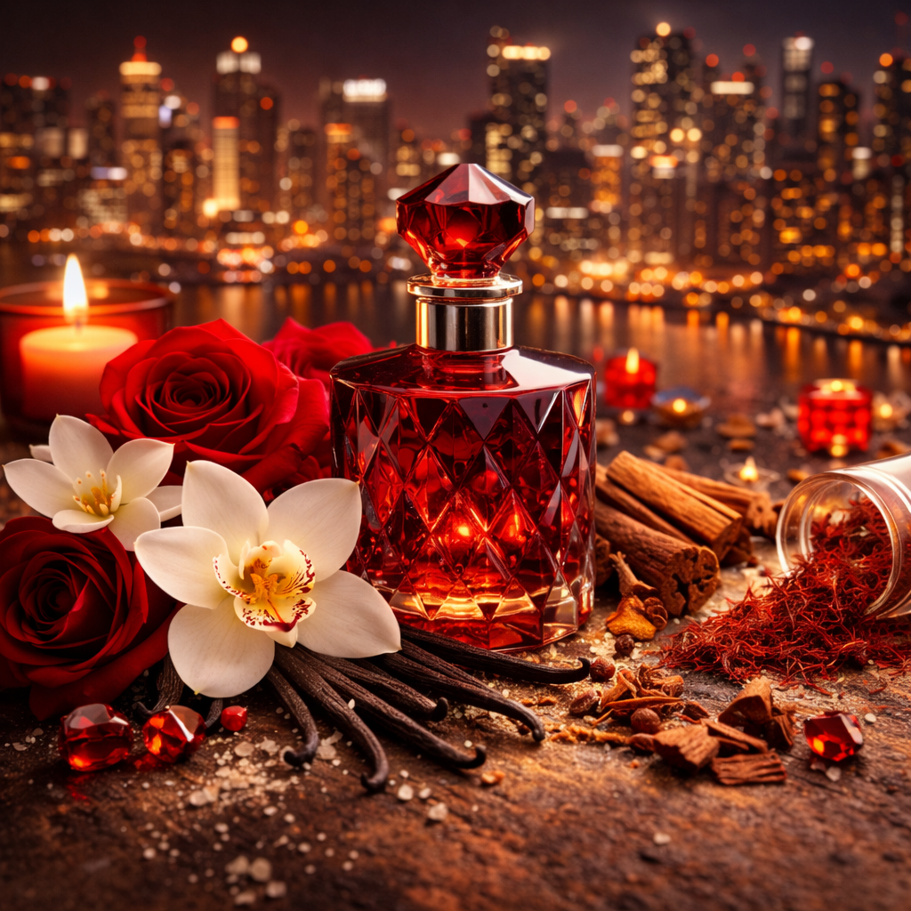 Red perfume bottle with flowers, candles, and spices against a cityscape background