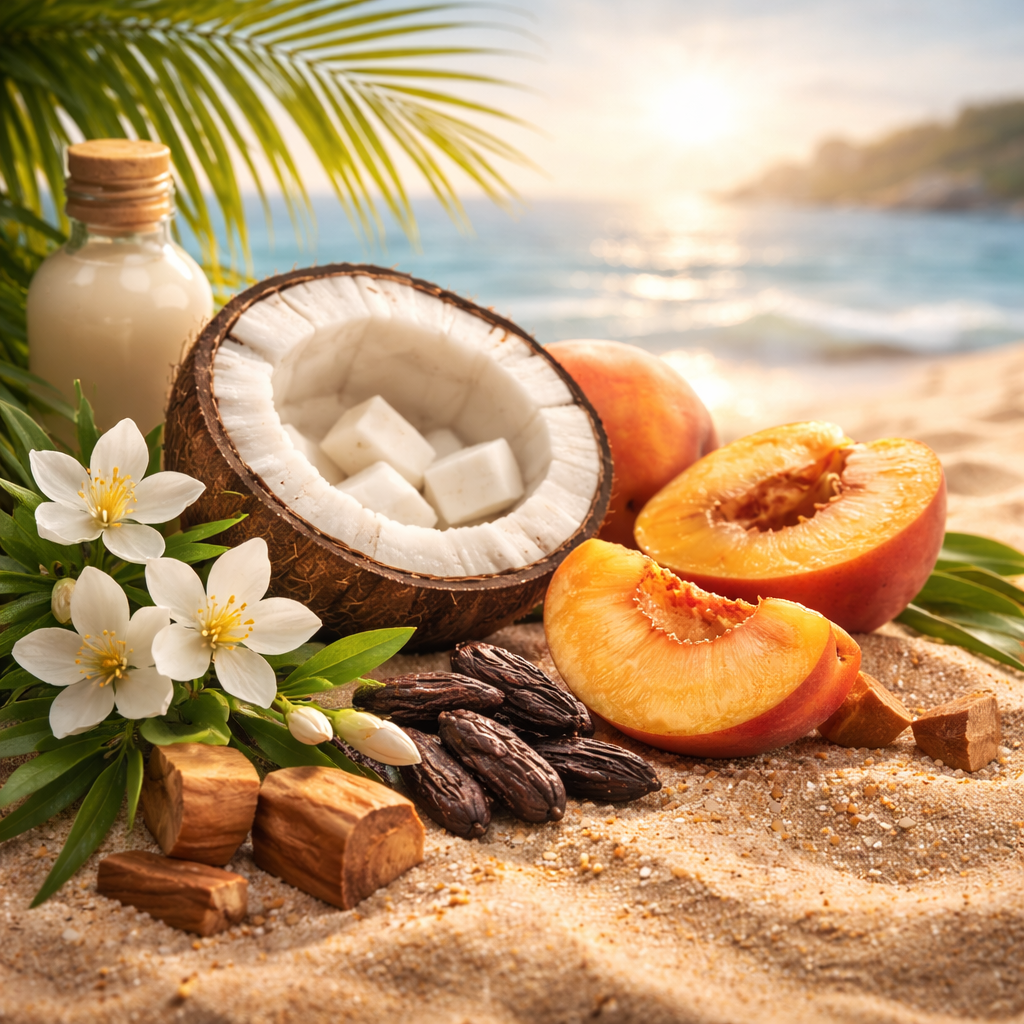 Coconut, peach, and flowers on a sandy beach with palm leaves and ocean in the background