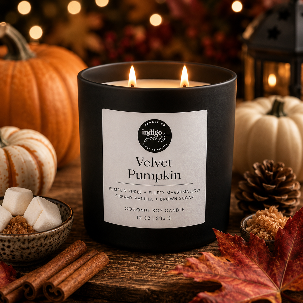 A black candle jar labeled 'Velvet Pumpkin' by Indigo Scents, lit and styled on a wooden surface with pumpkins, fall leaves, cinnamon sticks, marshmallows, and warm bokeh lights in the background.