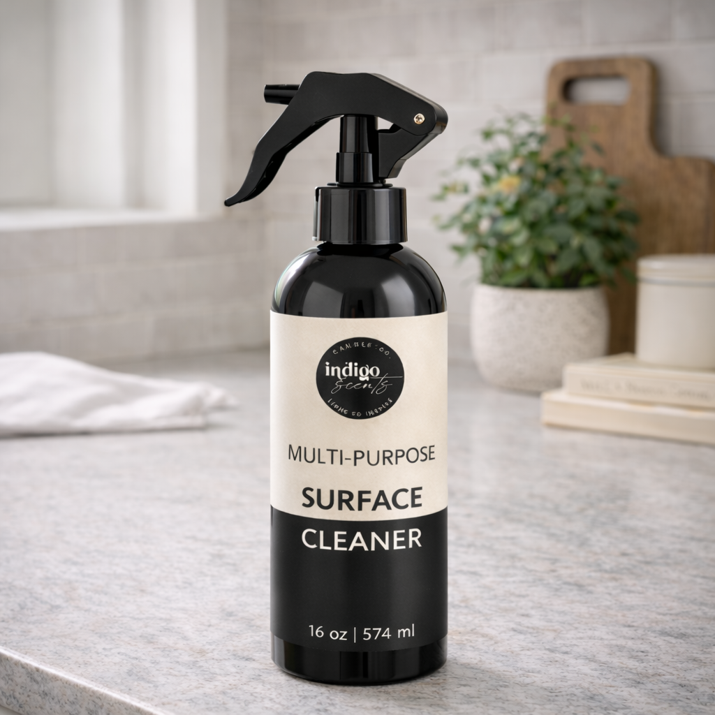 Eco-luxe multi-purpose surface cleaner by Indigo Scents styled on a kitchen countertop in a modern, minimalist kitchen.
