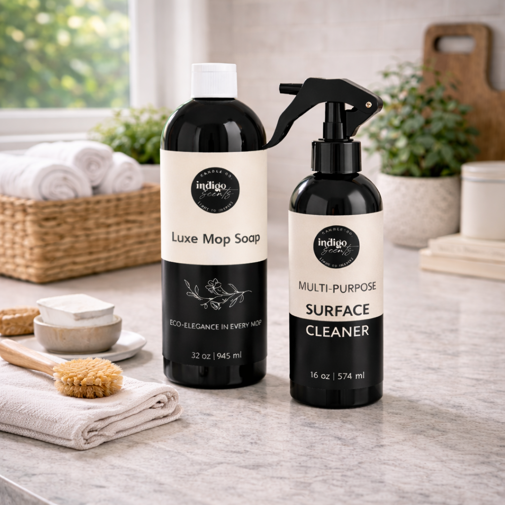 Eco-luxe mop soap and multi-purpose surface cleaner styled on a kitchen counter, featuring Indigo Scents home care products in a modern, light-filled kitchen.