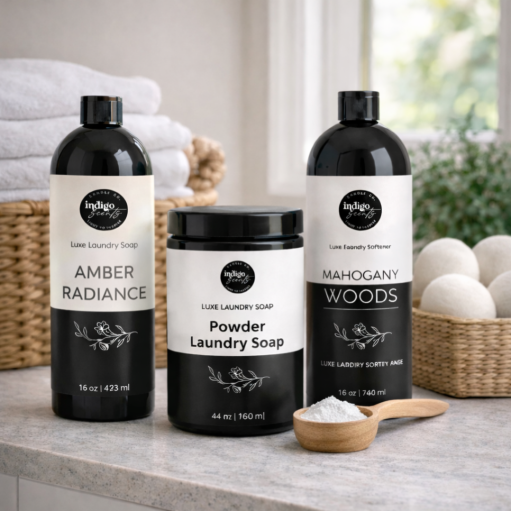 Eco-luxe laundry care collection featuring Amber Radiance liquid laundry soap, powder laundry soap, and Mahogany Woods fabric softener styled in a modern laundry space.