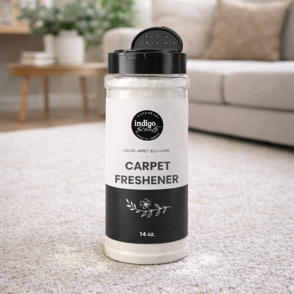 Eco-luxe carpet freshener powder styled on a rug in a modern living space, designed to neutralize odors and leave a fresh scent.