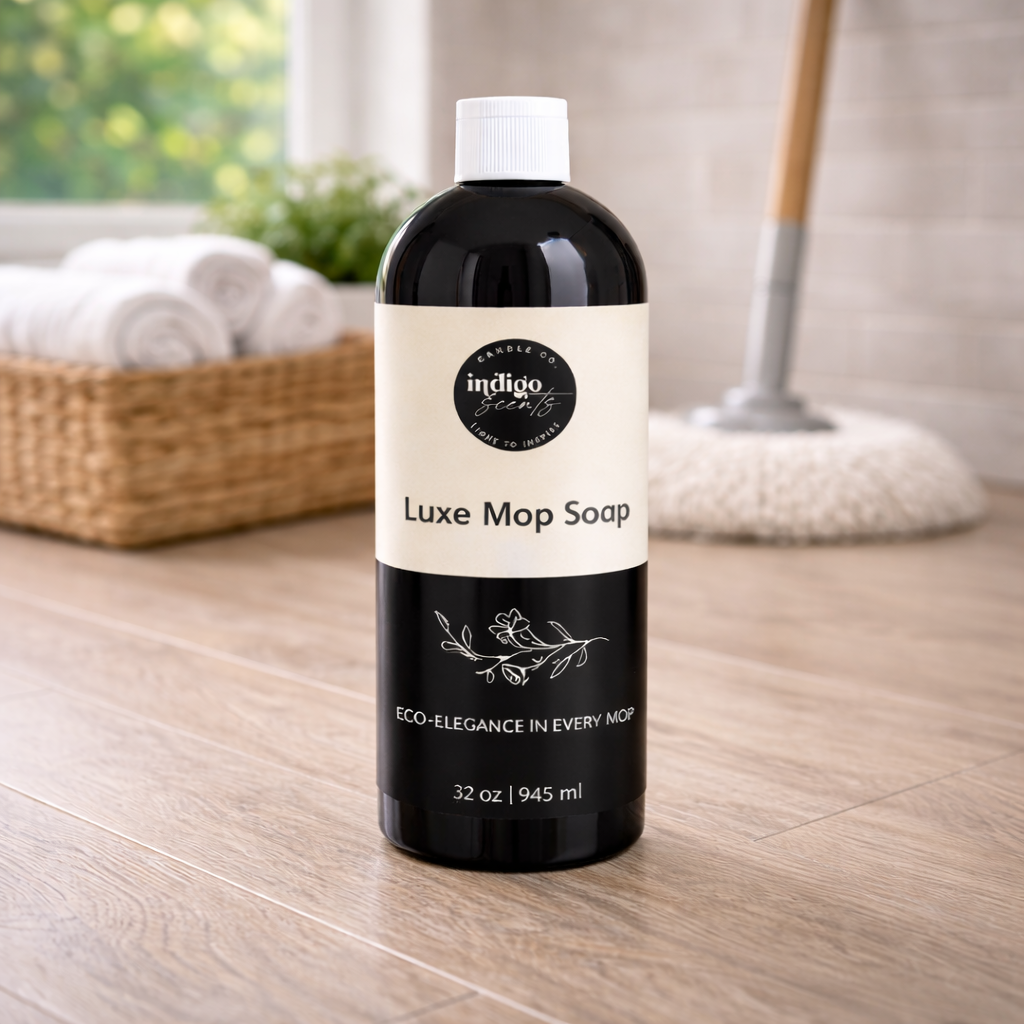 Eco-luxe mop soap bottle by Indigo Scents placed on a freshly cleaned floor, showcasing elevated floor care in a light-filled modern home.