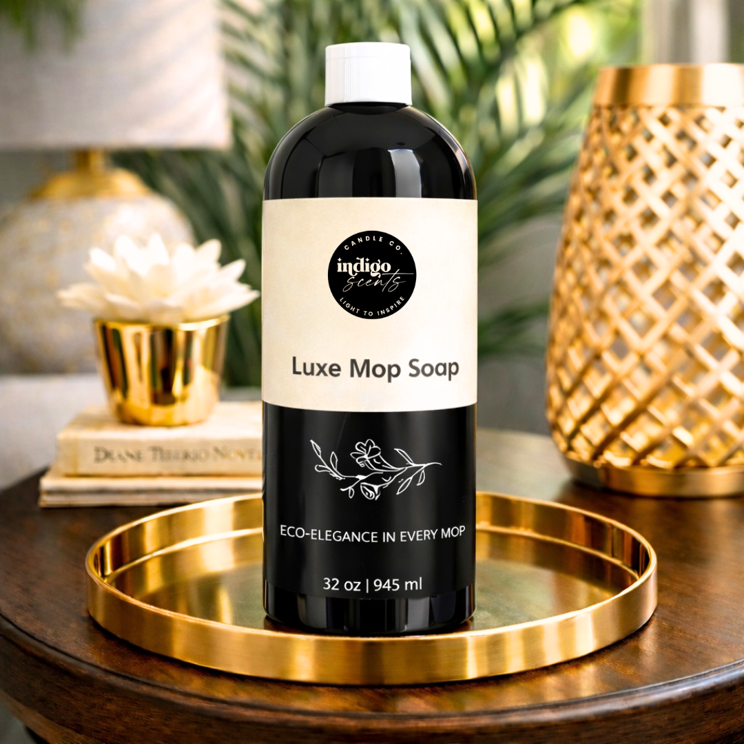 Bottle of Luxe Mop Soap on a gold tray with decorative background