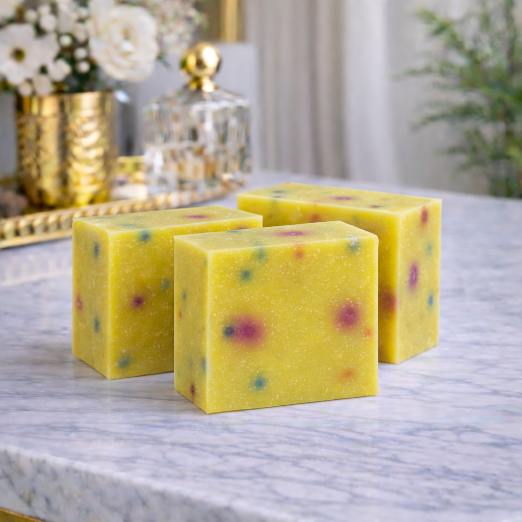 Three yellow sponges with colorful speckles on a marble surface, with decorative items in the background.