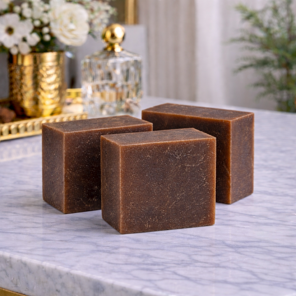 Three brown soap bars on a marble surface with decorative items in the background.