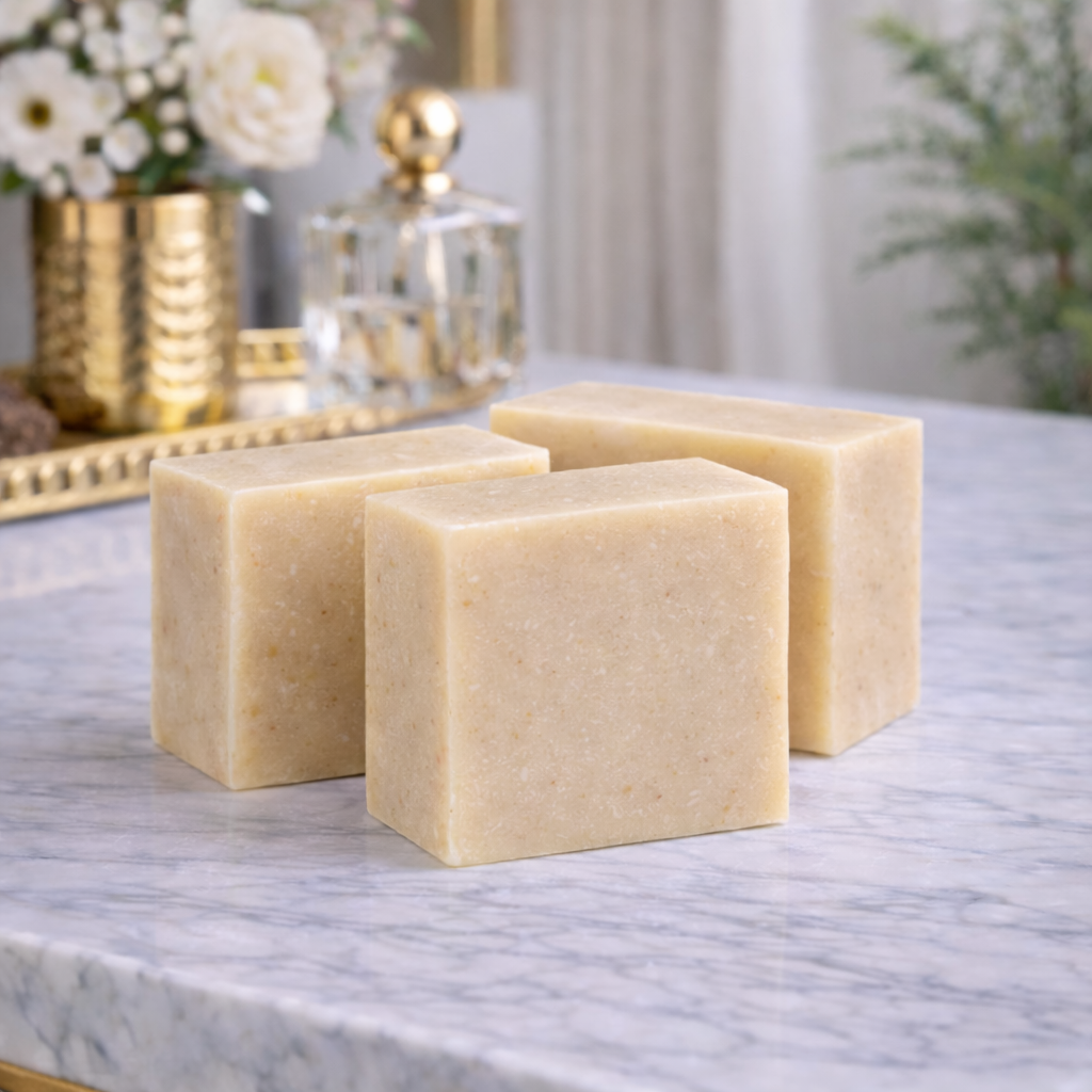 Three bars of soap on a marble surface with decorative items in the background.