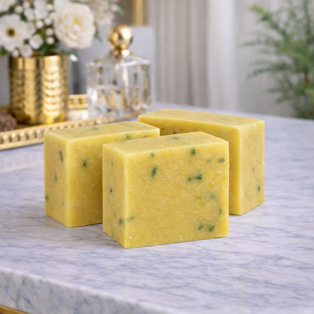 Three yellow soap bars with green specks on a marble surface, with decorative items in the background.