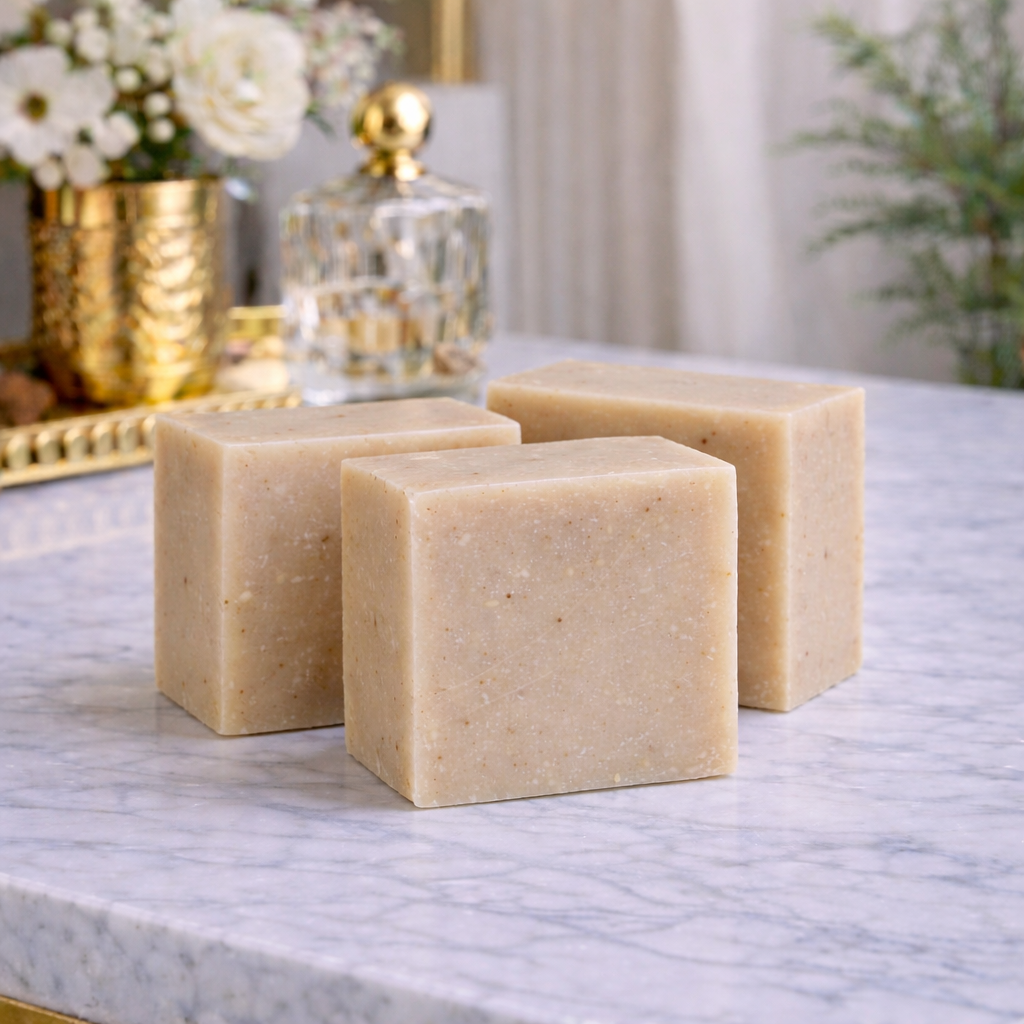 Three square bars of soap on a marble surface with decorative items in the background.