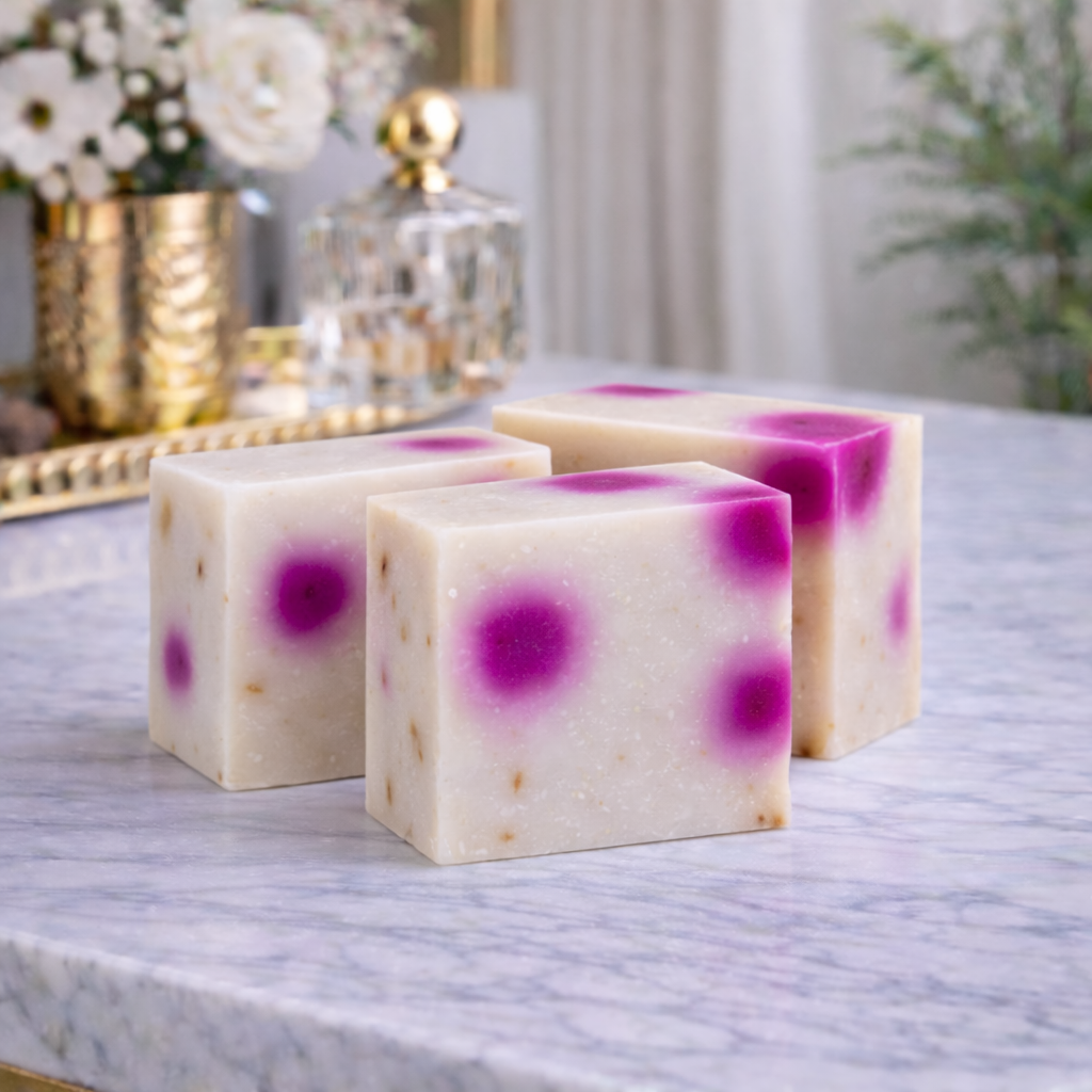 Three square soap bars with purple speckles on a marble surface, with decorative items in the background.